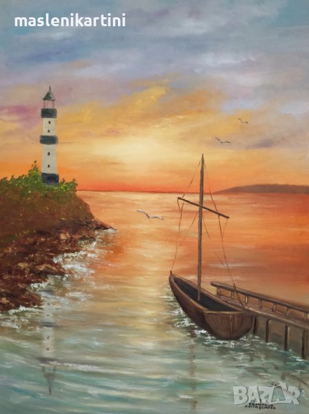 Морски залез, лодка и фар маслена картина , снимка 1