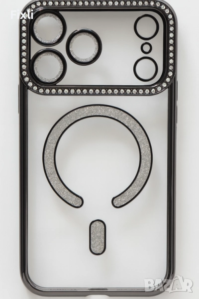 MagSafe калъф с кристали за iPhone 17 Pro Max – луксозен черен, снимка 1