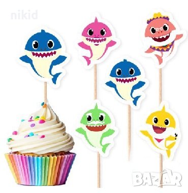 10 бр Бебе Акули Baby Shark топери клечки за мъфини декорация и украса, снимка 1