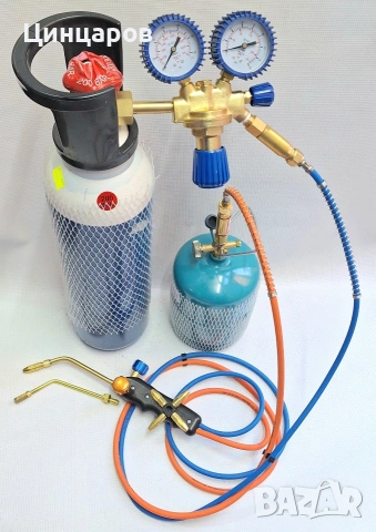 Оксижен комплект-бутилки O2/5л.и газ/2.4л,човки с дюзи 2бр.,4бр.дюзи,вентил,маркуч 