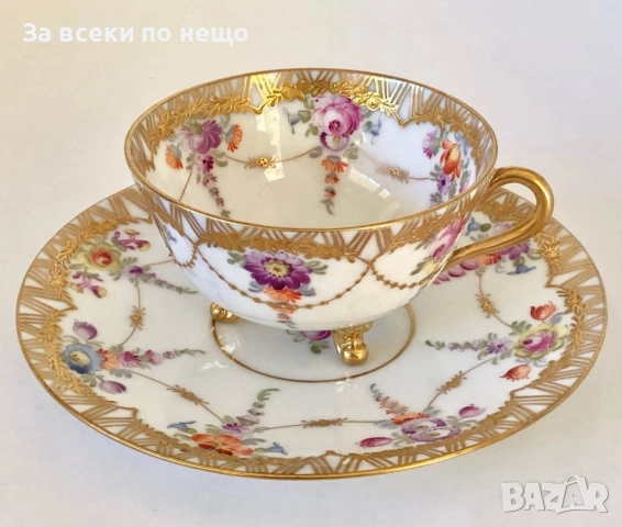 Dresden Germany  Circa 1884  Wolfsohn  Tea Cup & Saucer, Footed, Richly Gilded Код P1651, снимка 7 - Сервизи - 52932863