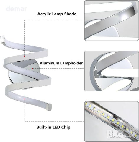 Спирална стенна лампа Lumiup, 6500K LED, сребърна, снимка 6 - Лед осветление - 43441160