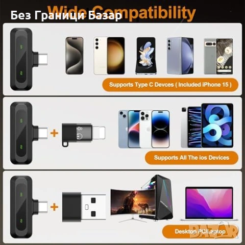 Нови Безжични двойни лавалиер микрофони 2 броя с приемник USB-C Lightning, снимка 3 - Микрофони - 53280548