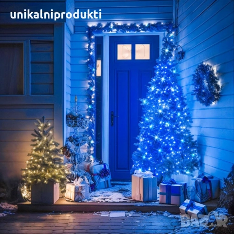 НОВО! Коледни лампички иглички 5м 150 LED студено синя светлина 3 функции IP65 черен кабел, снимка 2 - Лед осветление - 52264806