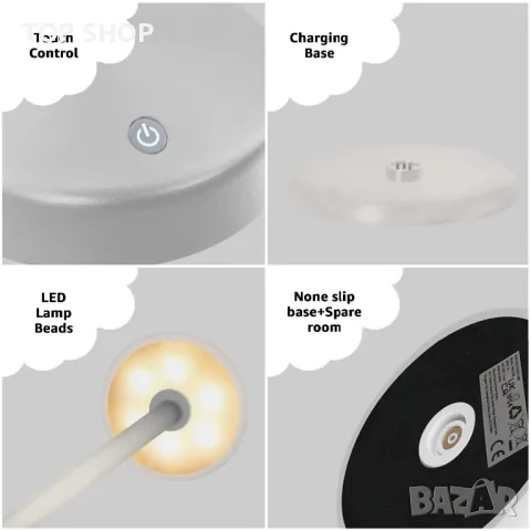 GNOO Димируема Безжична сензорна LED настолна лампа,8 часа работа/алуминий/IP54/3 режима/ретро,бяла, снимка 8 - Лед осветление - 49308641