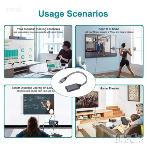 Type-C към HDMI 4K 60Hz адаптер конверторен кабел за лаптоп, таблет, телевизор, MacBook, снимка 5 - Кабели и адаптери - 53570483