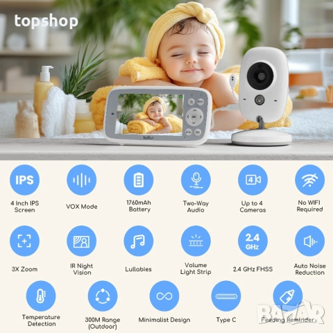 НОВ Бебефон VB616 BOIFUN с камера и нощно виждане, 720P IPS екран, невидимо инфрачервено нощно вижда, снимка 9 - Бебефони - 52083210