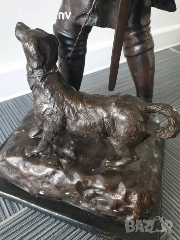 65см-12кг статуетка/стара английска бронзова скулптура/голяма фигура на ловец с куче, снимка 10 - Статуетки - 52755927