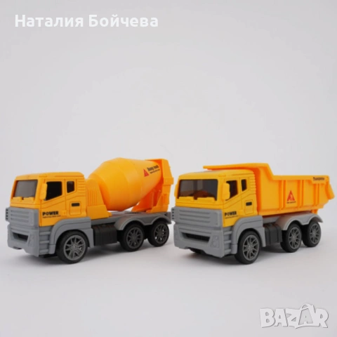 Комплект жълти строителни камиони с въртяща се цистерна и повдигаща се каросерия, снимка 3 - Коли, камиони, мотори, писти - 53386034