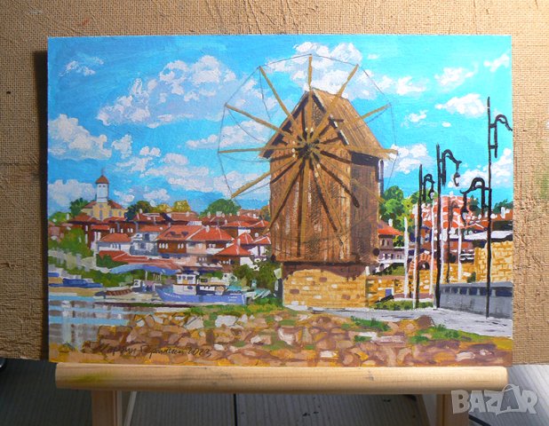 Маслена картина с вятърната мелница в Несебър. Худ. мАРТгер ., снимка 2 - Картини - 43395416