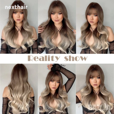 60 см Омбре чуплива перука два цвята кафяви корени и пепеляво руси краища с бретон, снимка 2 - Аксесоари за коса - 50472630