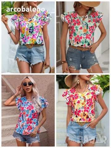 Дамска лятна модна двуслойна риза с къс ръкав с флорален принт, 4цвята 