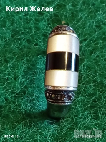 Винтидж сребърен пръстен с инкростация на ОНИКС и СЕДЕФ с марказити отстрани 52823, снимка 4 - Пръстени - 52934015