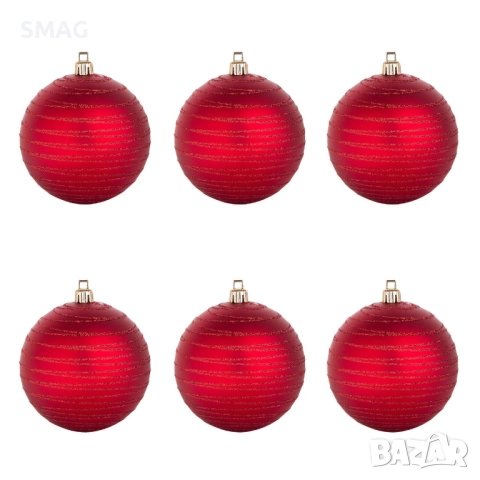 Комплект коледни топки за елха – червени с райе, матови с брокат, Ø10 см – 6 броя_1072176