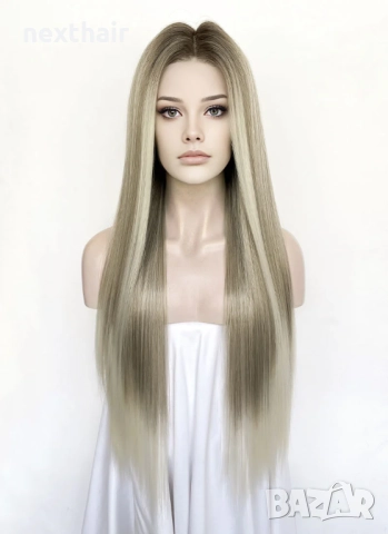 Смесена тъмно руса с пепеляво руса права перука - 80 см, синтетична, с дантела 13×4×1, снимка 2 - Аксесоари за коса - 52651106