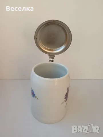 WMF, ВМФ голяма порцеланова халба с калаен капак, декор мейсенски букет , снимка 5 - Антикварни и старинни предмети - 48823101