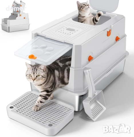 MIXJOY котешка тоалетна от неръждаема стомана с капак, XXL, сребриста