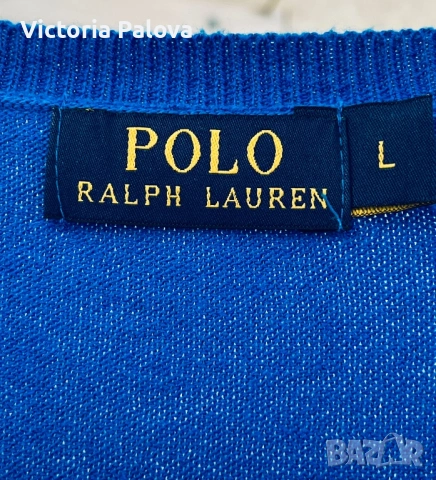 POLO RALPH LAUREN син памучен пуловер с V - образно деколте, снимка 4 - Блузи - 53541873