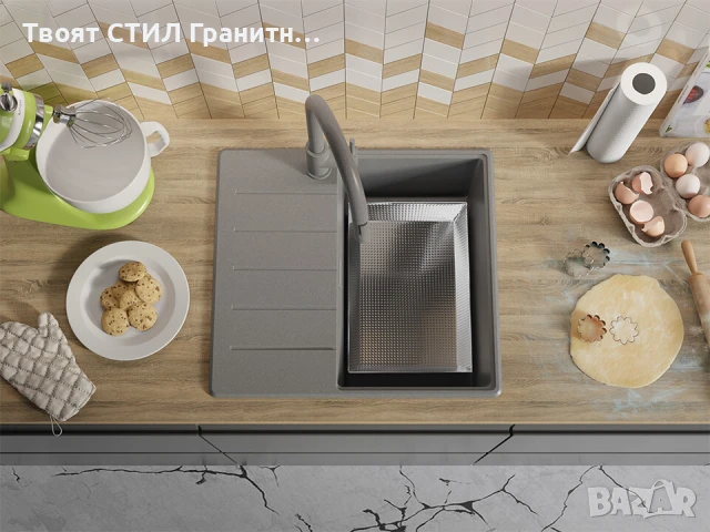 Сива кухненска гранитна мивка Копенхаген 40 Top 550 x 500 мм, снимка 6 - Мивки - 51015699
