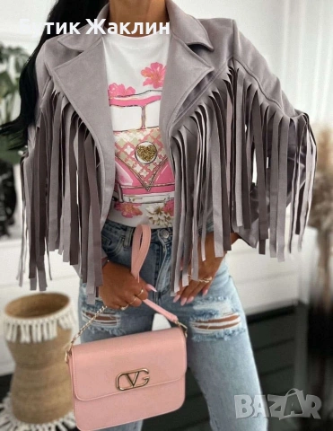 Късо велурено яке с ресни , снимка 4 - Якета - 53059623