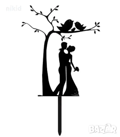 Двойка младоженци под дърво с птички сватбен топер за сватба торта украса декор
