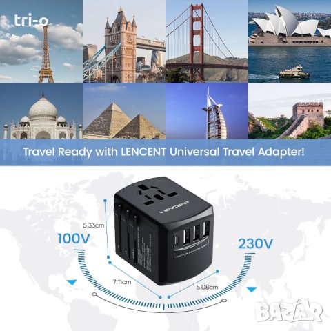 LENCENT Международен адаптер за пътуване с 3 USB порта и 1 Type-C Всичко в едно за EU/UK/USA/AUS