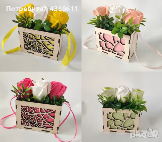 Дървена кошничка със сапунени рози, снимка 4 - Декорация за дома - 50021822