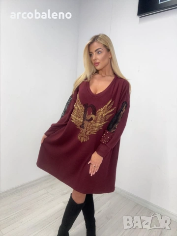 Дамски овърсайз суичър (туника ) с принт и пайети на орел, 2цвята , снимка 9 - Рокли - 53586926