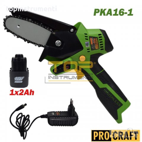 Мини верижен трион / акумулаторна резачка PROCRAFT PKA16-1, 16V, 1x2Ah, 10 см шина, 3/8" стъпка на в, снимка 1 - Градинска техника - 39741529