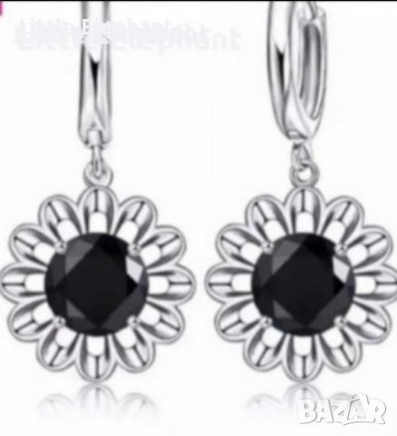 Сребърно колие с ланче цвете с кристал,black/Сребърни висящи обеци цветя с кристали,black/нови, снимка 3 - Колиета, медальони, синджири - 37944982