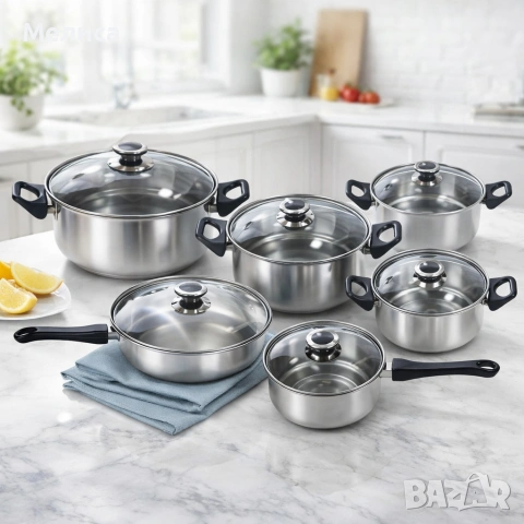 Комплект готварски съдове от инокс 12 части: 5 тенджери, тиган и стъклени капаци (16-24 см), снимка 2 - Съдове за готвене - 53541695