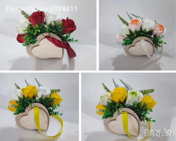 Кошничка сърце с гравирано лично послание и сапунени рози, снимка 4 - Изкуствени цветя - 53425262