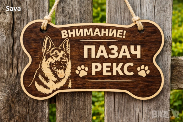 Дървена табела „Внимание! Пазач Рекс“