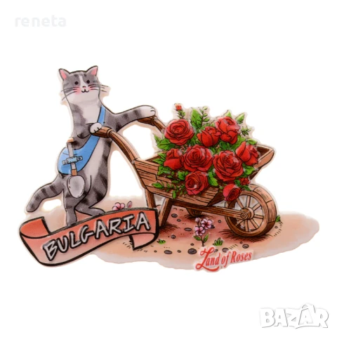 Магнитна фигурка, Коте с рози, Керамична, 9х6 см, снимка 1