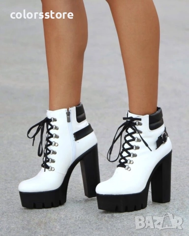 Боти на ток - бяла кожа с черно ходило - BT14