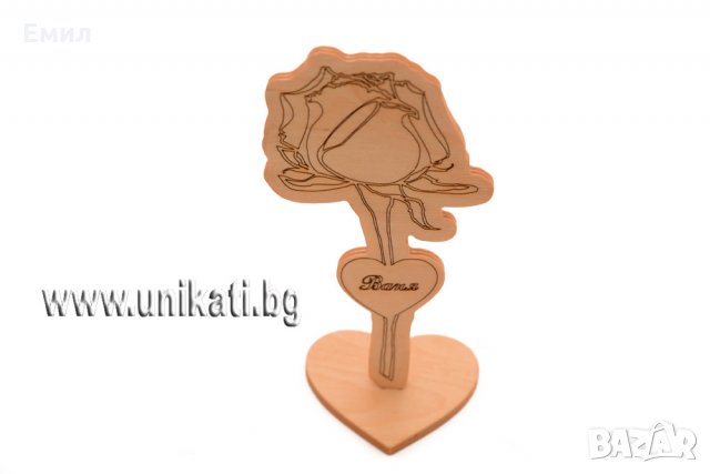 Роза със сърце и име, гравирани на дърво - Романтичен подарък, снимка 2 - Други - 27857289