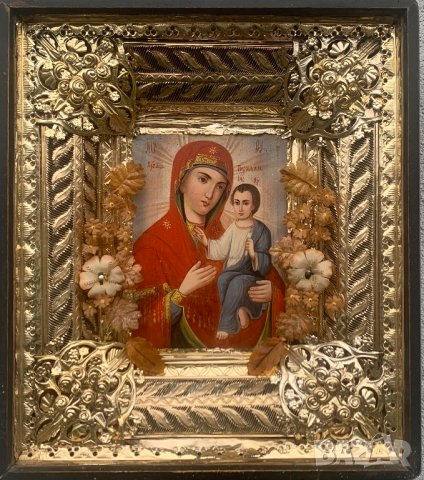 Руска домашна празнична икона Тихвинская чудотворна богородица от 19-ти век, снимка 7 - Колекции - 39685827