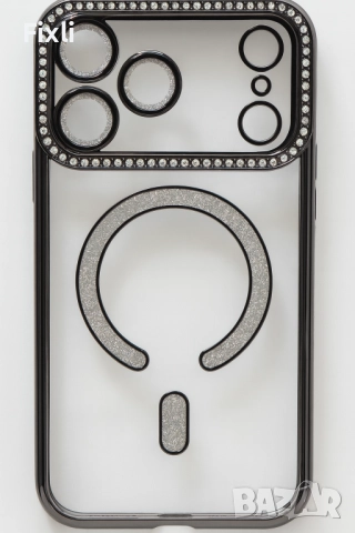 MagSafe калъф с кристали за iPhone 17 Pro Max – луксозен черен