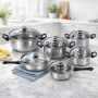 Комплект готварски съдове от инокс 12 части: 5 тенджери, тиган и стъклени капаци (16-24 см), снимка 2