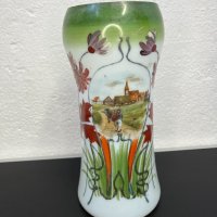 Рисувана стъклена ваза - Арт Нуво. №4961, снимка 1 - Антикварни и старинни предмети - 43923265