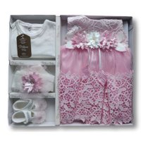  Официален бебешки комплект с Рокля в розово с цветя и камъни, снимка 2 - Комплекти за бебе - 42940586