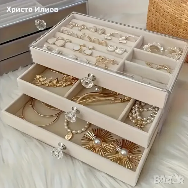 Голяма кутия за бижута с 3 чекмеджета с кадифена подплата Бежова Сива, снимка 1