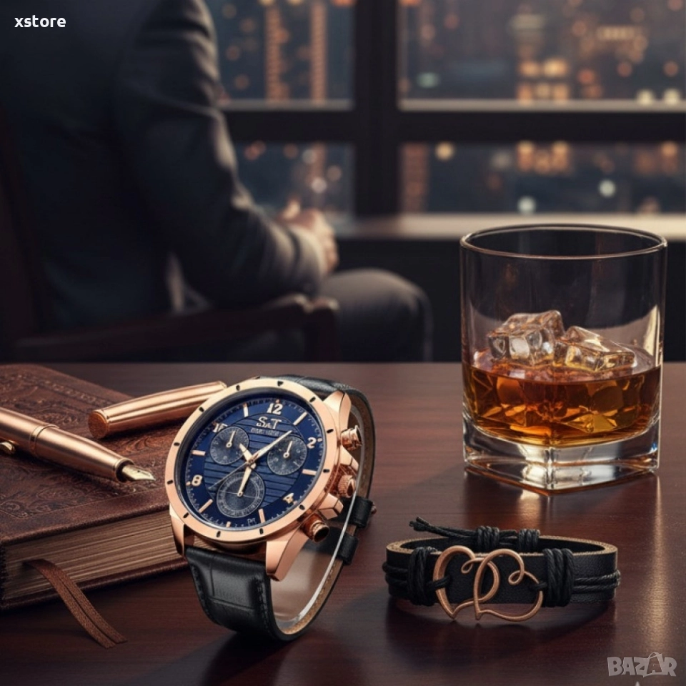 Мъжки часовник S&T Seek Time с кожена гривна – подаръчен комплект, снимка 1