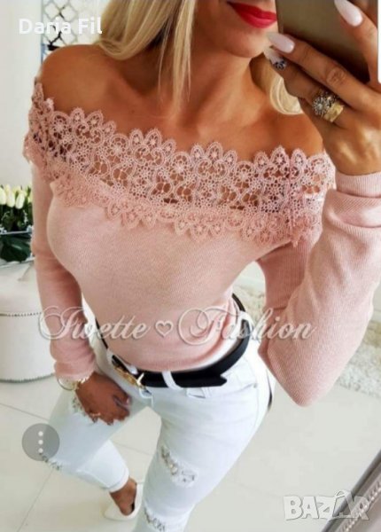 Красива блуза с дантела около деколтето и раменете в розово , снимка 1