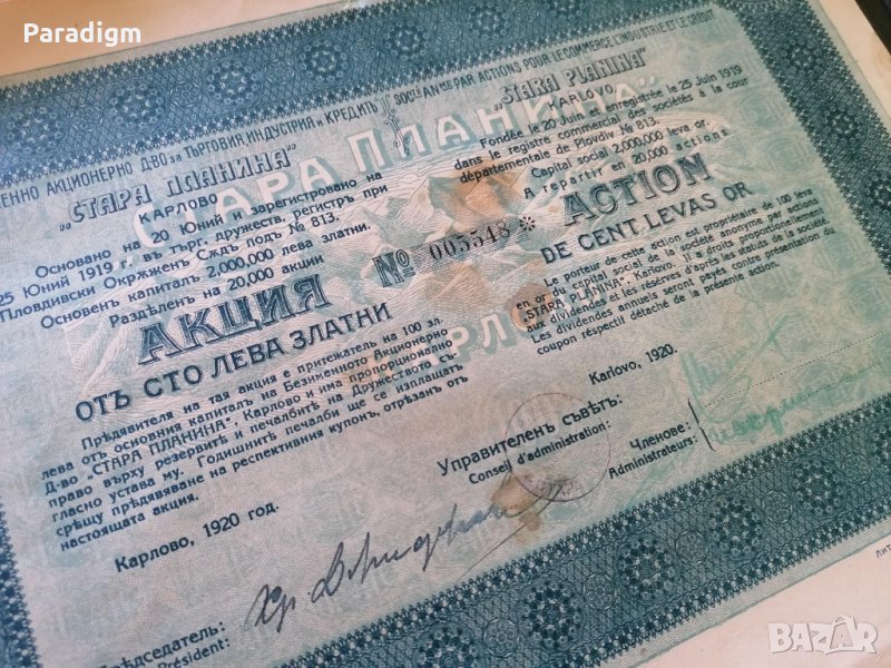 Акция за 100 лв. | Акционерно др-во "Стара планина" | 1920г., снимка 1