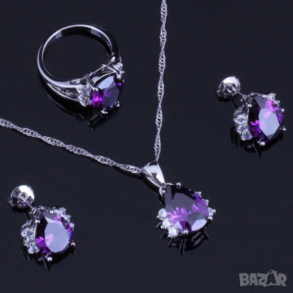 Сребърен комплект със сапфири и кристали, снимка 1