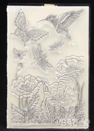 Птичка Колибри Пеперуди Макове силиконов гумен печат декор бисквитки фондан Scrapbooking, снимка 1