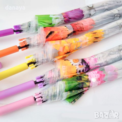 2180 Дамски чадър за дъжд прозрачен с принт на цветя 80см диаметър, снимка 8 - Други - 43177686