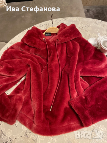 Меко топло палто яке с качулка суичър  бордо имитация на заешка козина кожа , снимка 8 - Суичъри - 36381505