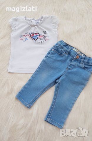 Бебешки дънки Zara и блузка 3-6 месеца, снимка 2 - Панталони и долнища за бебе - 36983073
